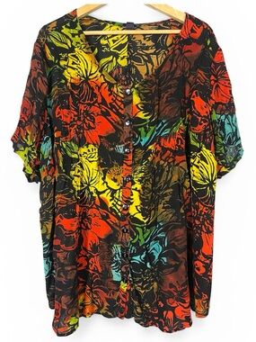 Roaman's Button Up Blouse Tropical Bright Bold Colors